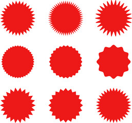 Starburst red sticker set - collection of special offer sale oval and round shaped sunburst labels and badges. Promo stickers with star edges. Vector.