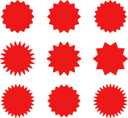 Starburst red sticker set - collection of special offer sale oval and round shaped sunburst labels and badges. Promo stickers with star edges. Vector.