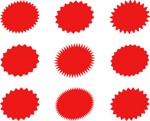 Starburst red sticker set - collection of special offer sale oval and round shaped sunburst labels and badges. Promo stickers with star edges. Vector.