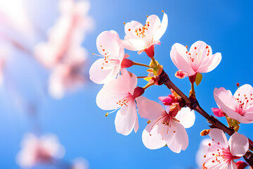 branches of blossoming cherry macro with soft focus on blue sky background in sunlight