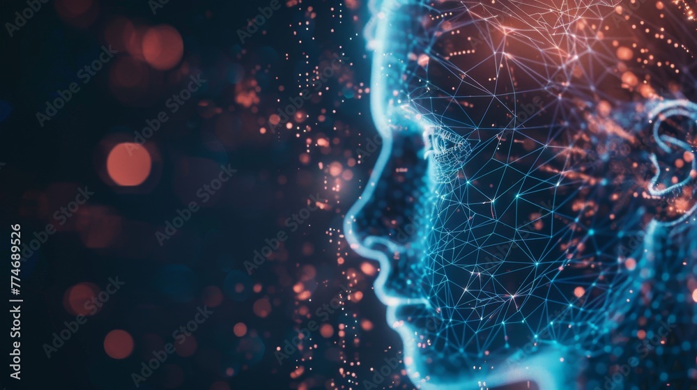 Poster face with network of dots resembling head