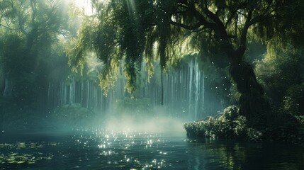 Crystal Cascade symphonies resonate through Whispering Willow forests - obrazy, fototapety, plakaty