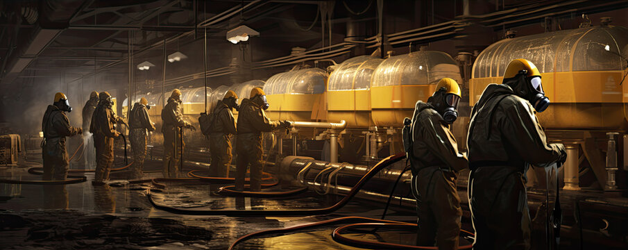Workers in protective suits in radiation location