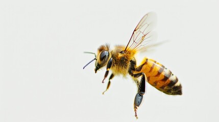 A bee flying in the air with its wings open.