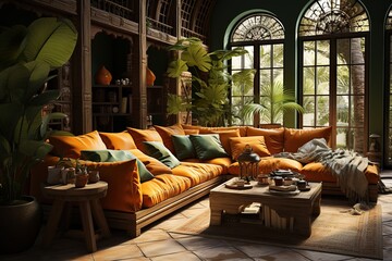 stylist and royal 3d rendering of a bohemian style living room,Octane Render ,hyperrealism, photorealism