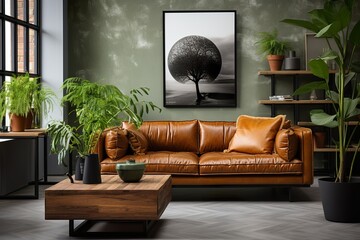 stylist and royal A luxurious large bright living room with a large green potted plant in an industrial - obrazy, fototapety, plakaty