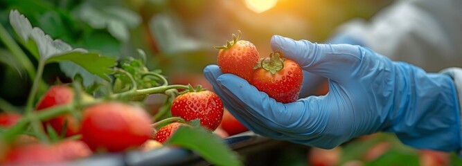 Fruit scientists employ hydroponic greenhouse farming with sophisticated tech to track the growth of vegetable strawberries. - obrazy, fototapety, plakaty