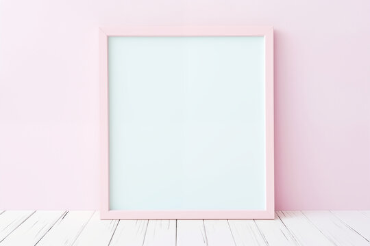 Empty picture frame in front of pink wall, template with copy space