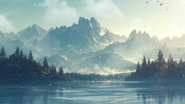 hyper realistic render of a tranquil mountain lake. seamless looping overlay 4k virtual video animation background