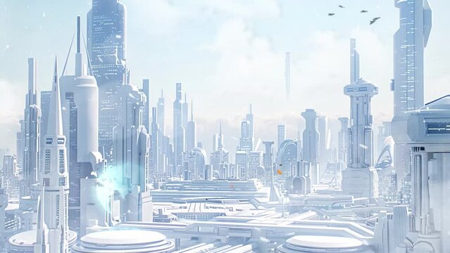 a highly detailed render of a futuristic city sky. seamless looping overlay 4k virtual video animation background