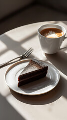 Close-up of a chocolate cake served on a white plate with a dessert fork and a cup of coffee on a plain background. Contrasting shadows. Frontal view. Minimalism