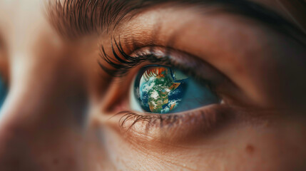 Close-up of a girl's eye, with the planet Earth instead of her pupil. Concept of love and care for our planet. Unity of man and nature