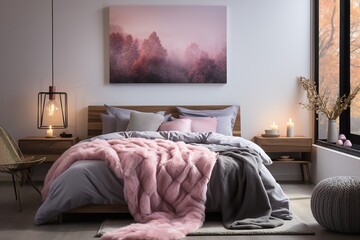 stylist and royal Blankets in pink and grey, a carpet, and posters decorate a modest bedroom
