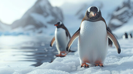 Obraz premium cute little penguins in ice snow background, Banner, postcard. Penguin awareness day. World Penguin Day, April 25. Inscription, signed picture. Character, Antarctic animal, Polar.