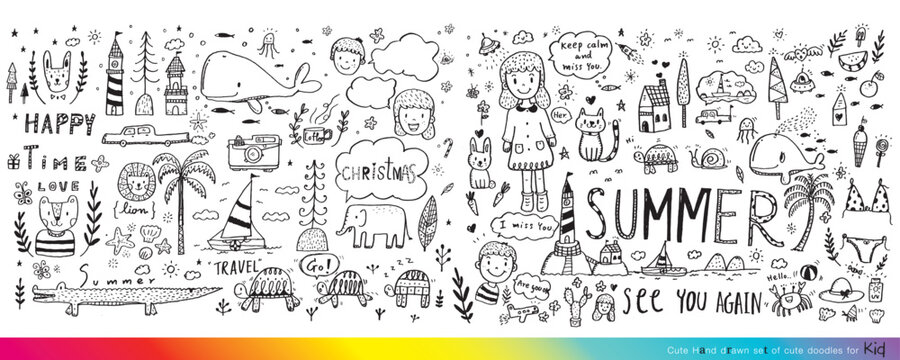 Collection of hand drawn cute doodles,Doodle children drawing,Sketch set of drawings in child style,Funny Doodle Hand Drawn,Page for coloring, cute animal