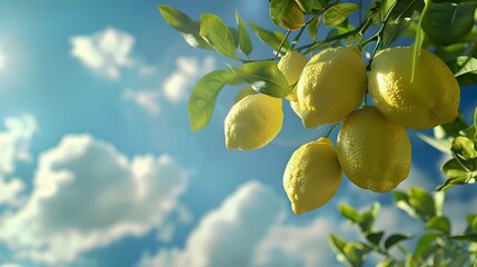 Lemons hanging on the branch against the blue sky
