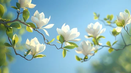 Fotobehang White Magnolia bloom against the blue sky © Yaryna
