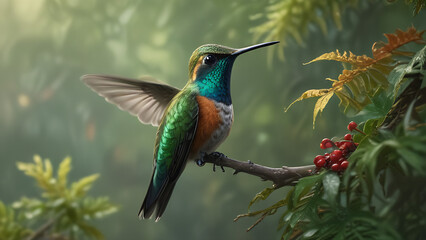Fototapeta premium Vibrant Hummingbird Perched on a Branch in Lush Greenery