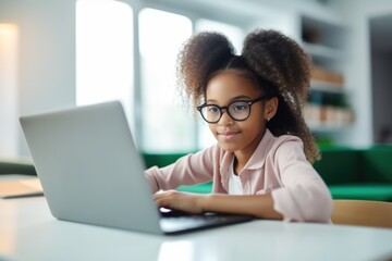 A joyful young girl with curly hair smiling while working on her laptop at a modern study table. Cheerful Young Student Smiling at Laptop Screen - obrazy, fototapety, plakaty