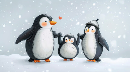 Fototapeta premium cute cartoon style penguin family love bond , isolated on white , Banner, postcard. Penguin awareness day. World Penguin Day, April 25. Inscription, signed picture. Character, Antarctic animal, Polar.