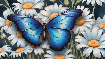 colorful blue tropical morpho butterfly on delicate daisy flowers painted with watercolor paint. Blue morpho butterflies fly on white background. Vector illustration. Decorative print.