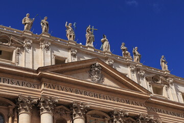 St. Peter's Basilica Facade Detail with Statues in Rome, Italy