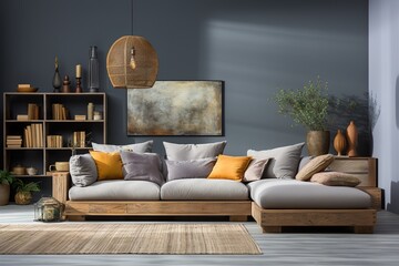 stylist and royal Creative composition of stylish modern spacious living room with grey sofa