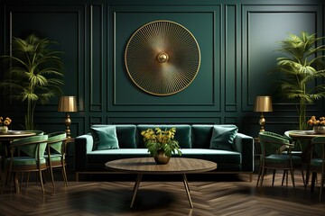 stylist and royal Dining room interior with a green wall and a living room with a green sofa