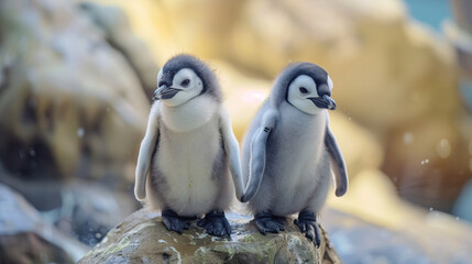 Fototapeta premium World penguin day April 25 , penguins wearing caps winter season suitable for web banner poster or card campaign Penguin awareness day. World Penguin Day, Inscription, signed picture. Character