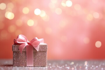A pink gift box, shimmering bokeh background with copy space - obrazy, fototapety, plakaty