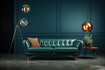 stylist and royal Empty living room with green sofa on empty dark blue wall background
