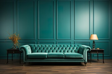 stylist and royal Empty living room with green sofa on empty dark blue wall background