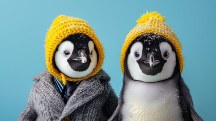 World penguin day April 25 , penguins wearing caps winter season suitable for web banner poster or card campaign Penguin awareness day. World Penguin Day, Inscription, signed picture. Character