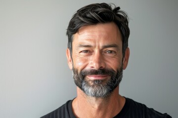 Handsome man with long beard and mustache in front of a grey background