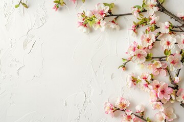 Spring flowers on white painted wall, space for text