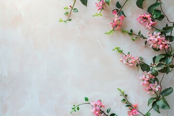 Spring pink and green flowers on white painted wall, space for text