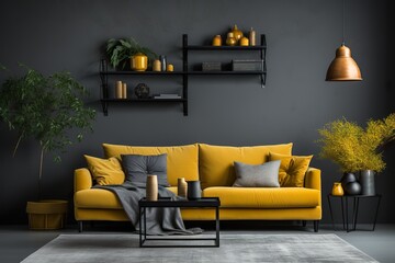 stylist and royal Gray wall living room have yellow sofa and decoration, space for text, photographic