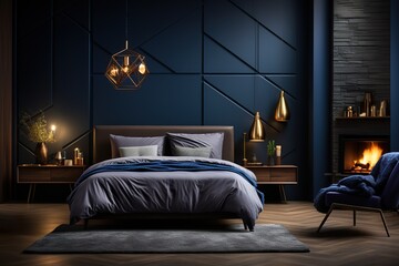 stylist and royal Home mockup, cozy dark blue bedroom interior background