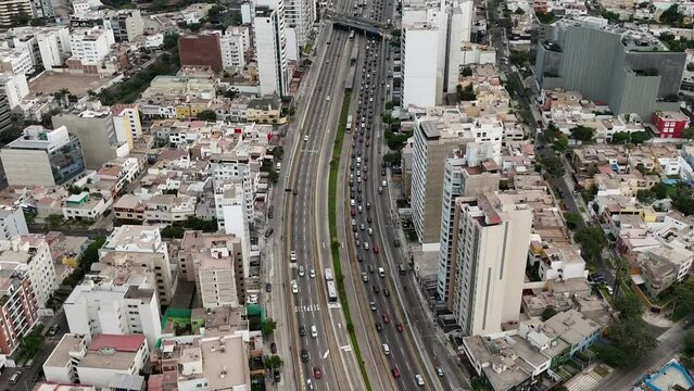 Drone aerial footage of traffic in Lima the capital city of Peru in south america Mireflores barranca
