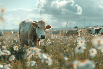 cow grazing, cow grazing in the wild - obrazy, fototapety, plakaty