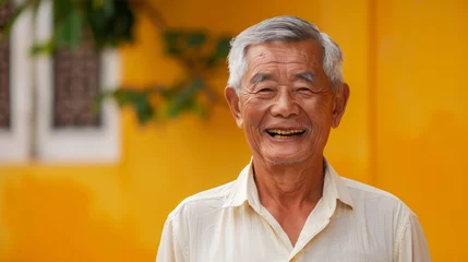Fotobehang A Asian man with a white shirt and gray hair is smiling. He is standing in front of a yellow wall. Asian elderly man wearing in white shirt in a yellow background whit toothy smile © Nataliia_Trushchenko