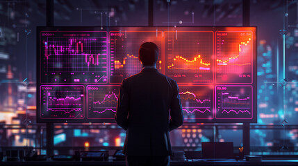 A man is looking at a computer monitor with a lot of graphs and numbers. The man is wearing a suit and tie. Concept of focus and concentration as the man studies the data on the screen
