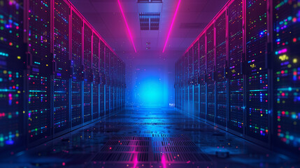 A computer server room with a blue light shining down on it. The room is filled with rows of computer servers and the blue light is creating a calming atmosphere - obrazy, fototapety, plakaty