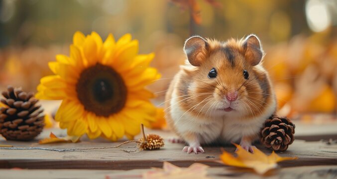 Fall's Golden Sunflower A Cute Hamster's Autumn Adventure Generative AI