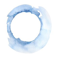 A blue watercolor circle, a gradient spot isolated on a white background, hand-drawn. A decorative element for design, decoration with a place for text. Abstract round background.