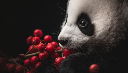 closeup macro photography of a baby panda eating red berries; clean and sharp focus,