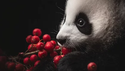 Foto op Plexiglas closeup macro photography of a baby panda eating red berries  clean and sharp focus, © Bounpaseuth