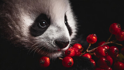 closeup macro photography of a baby panda eating red berries; clean and sharp focus,