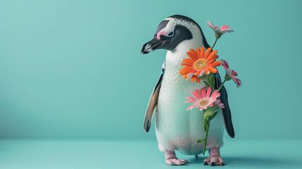 penguin holding spring flowers World penguin day April 25, Penguin Awareness Day Good for banner, poster, greeting card, party card, invitation, template, advertising, campaign, and social media.
