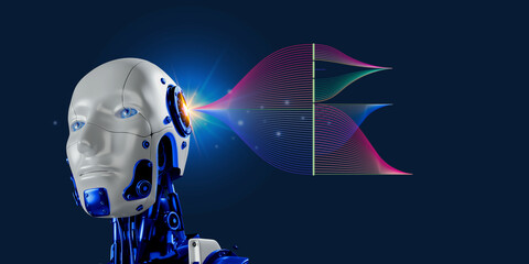 3d robotic render ith data flow diagram copy space on blue , artificial intelligence concept
